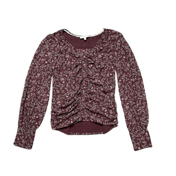 BOHME Floral Ruched Front Blouse Maroon Cream Size Small - Picture 1 of 6